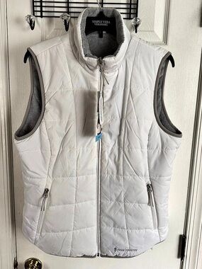 Free Country Womens L Reversible Quilted Puffer Fleece Vest White Gray NWT Flaws